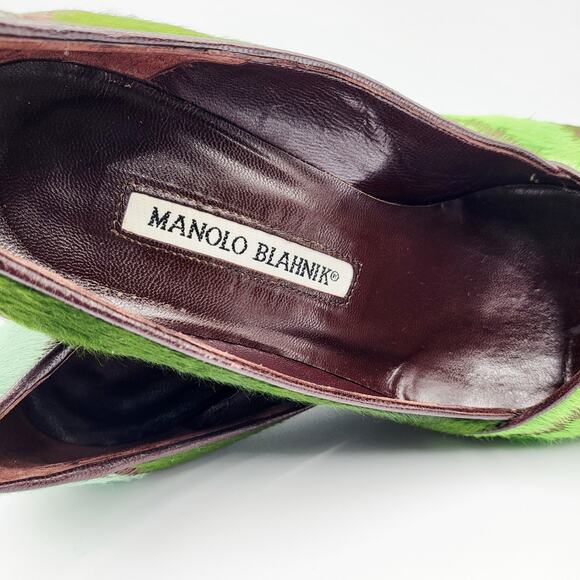 Manolo Blahnik Green Striped Pony Hair Pumps Brown Leather Trim Women's Sz 35.5 - Picture 8 of 11